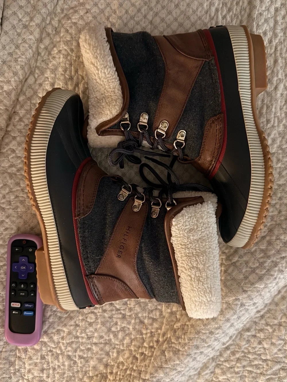 Tommy Hilfiger Gray, Brown and Cream Lace-Up Winter Boots